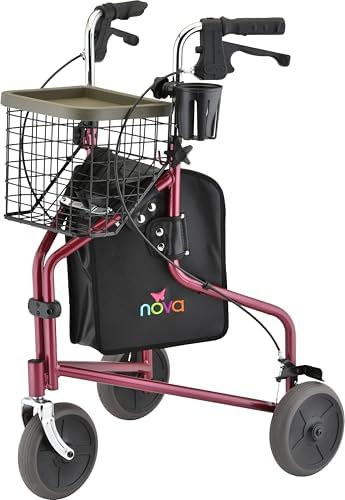 NOVA Traveler 3 Wheel Rollator Walker, All Terrain 8” Wheels, Includes Bag, Basket and Tray, Red