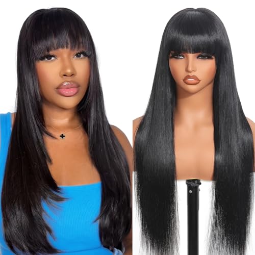 Straight Human Hair Wig with Bangs 4x6 Lace Closure Bang Wig 100% Burmese Virgin Human Hair Beginner Friendly Ready to Wear Glueless Wigs for Women 16 Inch