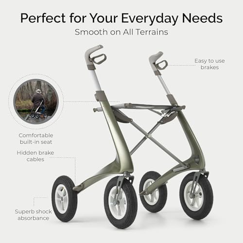 byACRE Carbon Overland/All Terrain Carbon rollator/Big Pneumatic Wheels/Lightweight at only 14.8 lbs/Foldable with seat