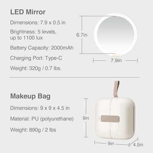 AMIRO M2 Travel Makeup Bag with 5 Level Brightness & 3 Color LED Mirror, Portable Makeup Artist Organizer, White