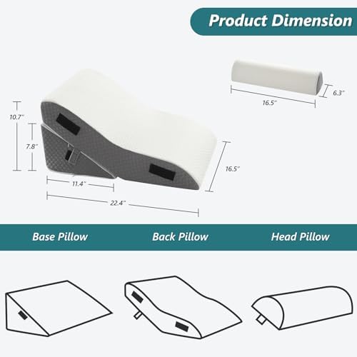Bed Wedge Pillow for Sleeping 3 PCS - 35D Foam Wedge Pillow Post Surgery for Back Leg Pain Relief - 22.5" Wide Triangle Pillow Wedge for Acid Reflux & Snoring & GERD (White Grey)