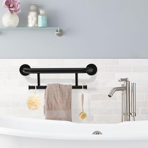 Oil Rubbed Black Grab Bar 17 Inch w/Towel Holder, iHansee Stainless Steel Shower Towel Bar Bathroom Balanced Support Handle, Wall Mount Safety Handrail Grab Rail for Elderly Senior Handicap Disabled