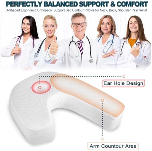 Side Sleeper Pillow J-Shaped Side Sleeper Pillows for Adults Memory Foam Pillow for Neck Shoulder Pain Relief with Ear Hold Removable Washable Cover 1 Pack White