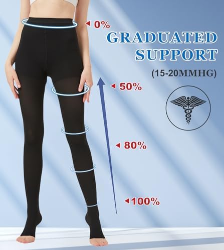 MGANG Medical Compression Pantyhose for Women & Men, 15-20mmHg Graduated Compression Support Tights, Open Toe, Opaque Waist High Compression Stockings for Edema, Varicose Veins, Flight, DVT, Black M