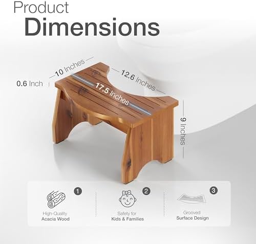 HOLANA 9" Acacia Poop Stool for Bathroom Adults - Squatting Toilet Stool for Kids - Pooping Stool Squat with Anti Slip Layer - Bathroom Stools for Sitting/Travel (Acacia Wood 9 Inch Height)