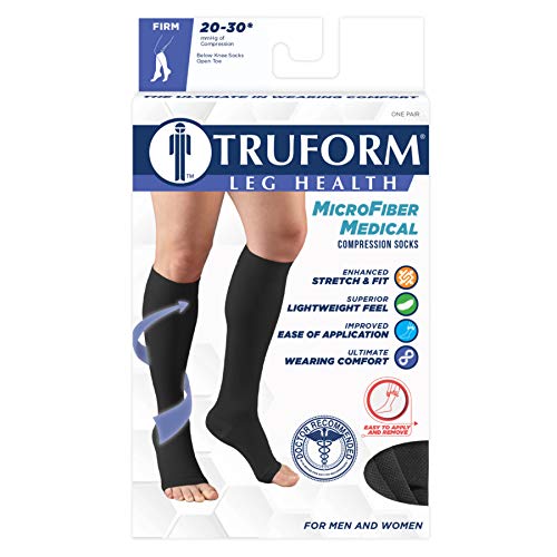 Truform 20-30 mmHg Medical Compression Stockings, Smooth Stretch Microfiber, Knee High, Open Toe, Black, 2X-Large