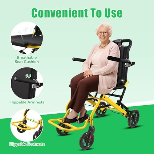 18lbs Ultra-Lightweight Transport Wheelchair for Adults & Elderly,220lbs Capacity,16.2" Seat,Portable Design for Travel & Home Use (Yellow)