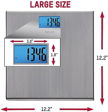 Taylor Digital Scales for Body Weight, Extra-High 440 lb Capacity, Thin Profile, Unique Blue LCD, Glass Platform, 12.2 x 12.2 Inches, Stainless Steel
