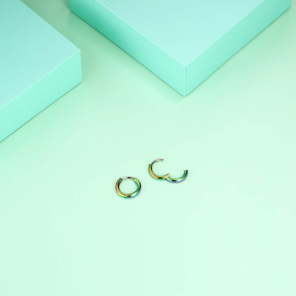 316L Surgical Stainless Steel Huggie Hoop Earrings 8mm Colorful Hypoallergenic Earrings Hoop Cartilage Helix Lobes Hinged Sleeper Earrings For Men Women(B05:8mm Rainbow(THK 2.0mm))