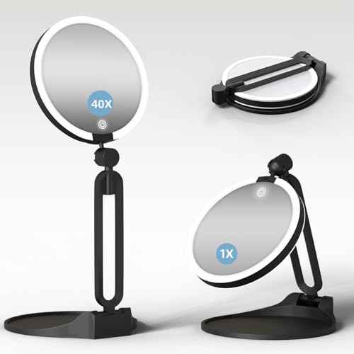Magnifying Mirror with Light 40X/1X, Double Sided Travel Makeup Mirror with Lights and Magnification, 3 Colors Dimming Lighting, Rechargeable Large Size of 6inch, Foldable Design, 360¡ÆAngle Adjustable