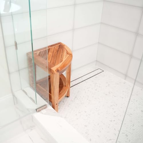 EcoDecors 18” Teak Corner Shower Stool –Waterproof Bench, Space-Saving Bathroom Seat | Compact Teak Shower Stool for Inside Shower | Sturdy 300 Pound Capacity with Shelf & Adjustable Feet