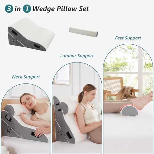 Bed Wedge Pillow Set for Sleeping 3 PCS - 22.5" Wide Triangle Pillow for Back Leg Pain Relief with Washable Cover - 35D Foam Wedge Pillow Post Surgery for Acid Reflux & Snoring (White Grey)