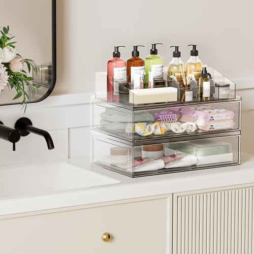 Clear Stackable Makeup Organizer with Drawer, 12''W Acrylic Storage Drawers, Cosmetic Display Case for Vanity Bathroom Countertop, Beauty Holder for Lipstick Brush Skincare Perfume