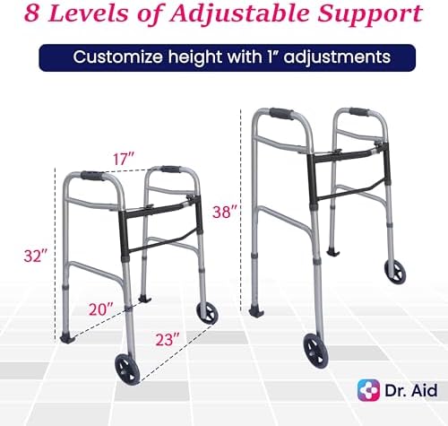 Dr. Aid Premium 2 Button Folding Walker with Wheels, Rolling Front Wheel Walker, Lightweight Walkers for Seniors, Durable Aluminum Frame, Adjustable Height, Supports Up to 400lbs, Aluminum Gray