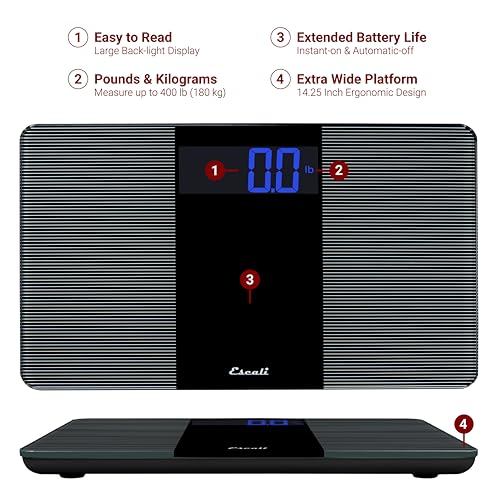 Escali Extra Wide Digital Bathroom Scale for Body Weight with Wide Platform for Natural Stance and Stability, High Capacity of 400 lb, Batteries Included