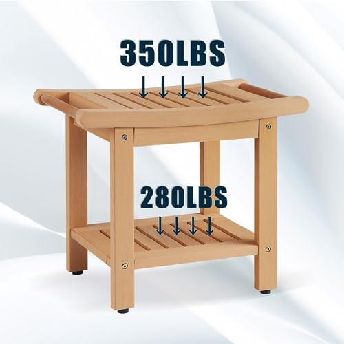 Poly Lumber Shower Bench Seat, Larger Size 22" x 13", Shower Benches for Inside Shower, Waterproof Shower Stool with Handles & Storage Shelf, Shower Chair for Bathroom, Bath Stool (Teak Color)