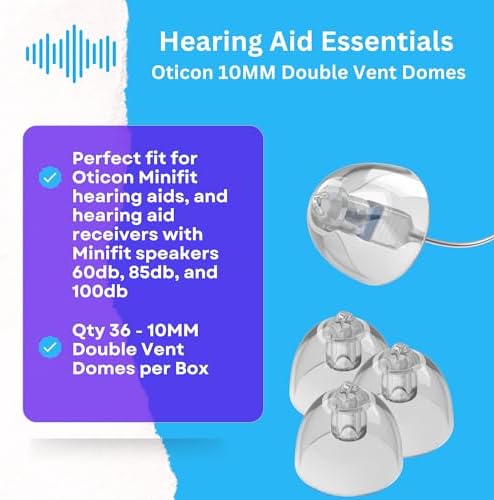 Hearing Aid Domes for Oticon Minifit Bass 10MM Double Vent Domes, Qty 36, Oticon Dome Replacements, Universal Oticon 10MM Domes Hearing Aid Supplies 10MM