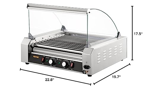 VEVOR Hot Dog Roller, 30 Hot Dog Capacity 11 Rollers, 1800W Stainless Steel Cook Warmer Machine w/Cover & Dual Temp Control, LED Light & Detachable Drip Tray, Sausage Grill Cooker for Kitchen Canteen