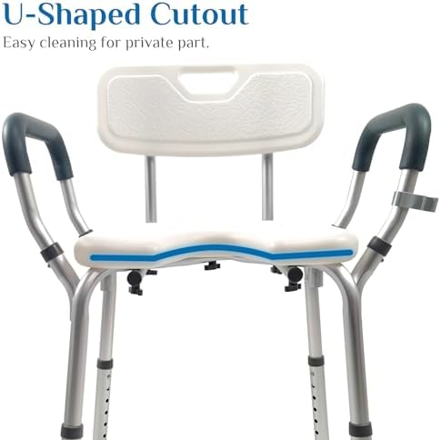 Shower Chair Seat with Arms and Back, Padded Handicap Shower Bench for Adults, Elderly and Disabled, Adjustable seat Height ranges from 14.9 to 21.3 inches