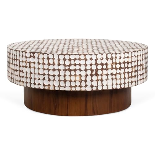 East at Main Round Coffee Table – White Boho Cocktail Table with Coconut Shell Inlay, 34.75" Coastal Accent Table for Living Room, Pedestal Wood Base, Handmade Furniture