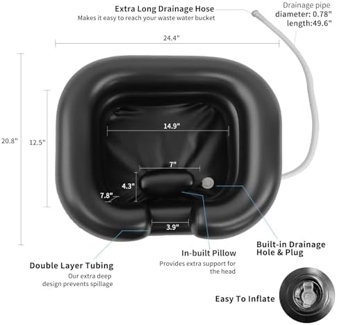 Inflatable Shampoo Basin, Portable Shampoo Bowl with Neck Support and Drain Hose for bedridden People, Portable Shampoo Sink for The Elderly, Disabled, Pregnant Women, Injured People (Black)