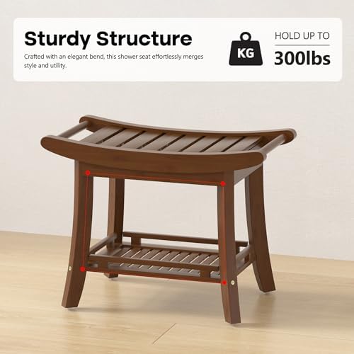 Bamboo Shower Bench Chair Bathroom Shower Stool Seat for Inside Shower Bathtub with Storage Shelf Shower Foot Rest for Shaving Legs 25.2 x 13 x 19.2 Inches Chestnut Brown