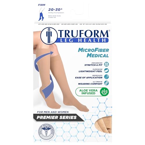 Truform 20-30 mmHg Medical Compression Stockings, Aloe Infused Microfiber, Knee High, Closed Toe, Beige, X-Large