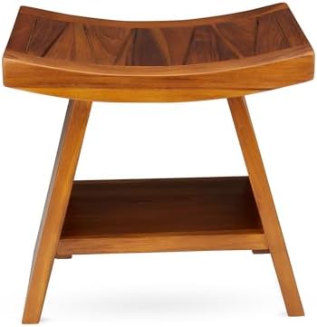 TeakCraft Teak Shower Stool with Shelf – Water Resistant, Non-Slip Premium Indonesian Teak Wood Bath Seat Bench for Shower – Fully Assembled Wood Spa Bath Organizer Seat with Leveling Feet, The Randi
