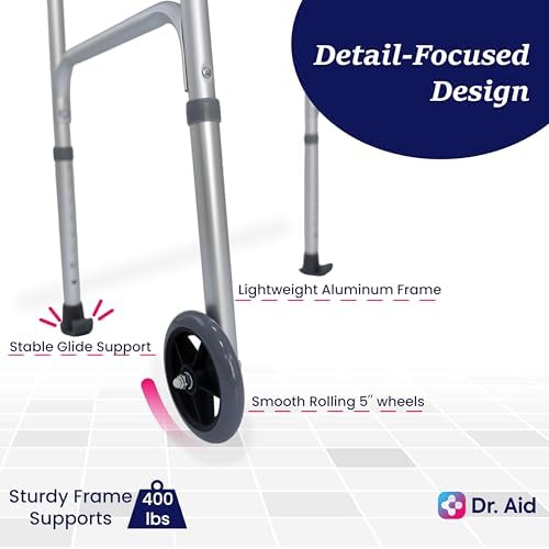 Dr. Aid Premium 2 Button Folding Walker with Wheels, Rolling Front Wheel Walker, Lightweight Walkers for Seniors, Durable Aluminum Frame, Adjustable Height, Supports Up to 400lbs, Aluminum Gray