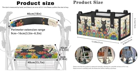 LedBack 3 Pcs Sets Universal Fit Walker Seat Cover Rollator Walker Seat & Backrest Covers, Black Cat Flowers Rollator Storage Under Seat Bag, Easy to Install