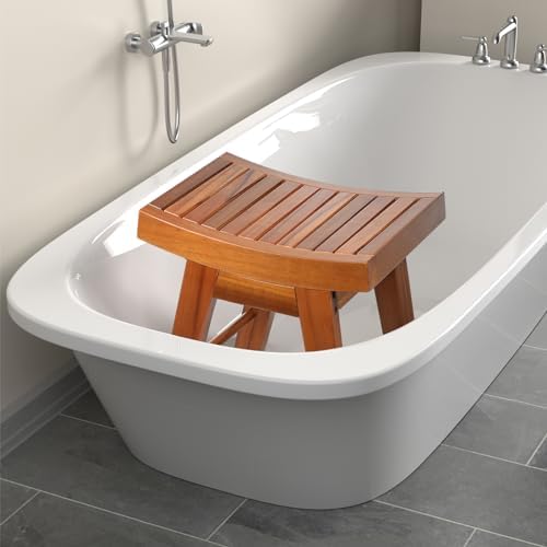 URFORESTIC Teak Shower Bench Teak Shower Stool Curved Seat,Wooden Stool for Bathroom