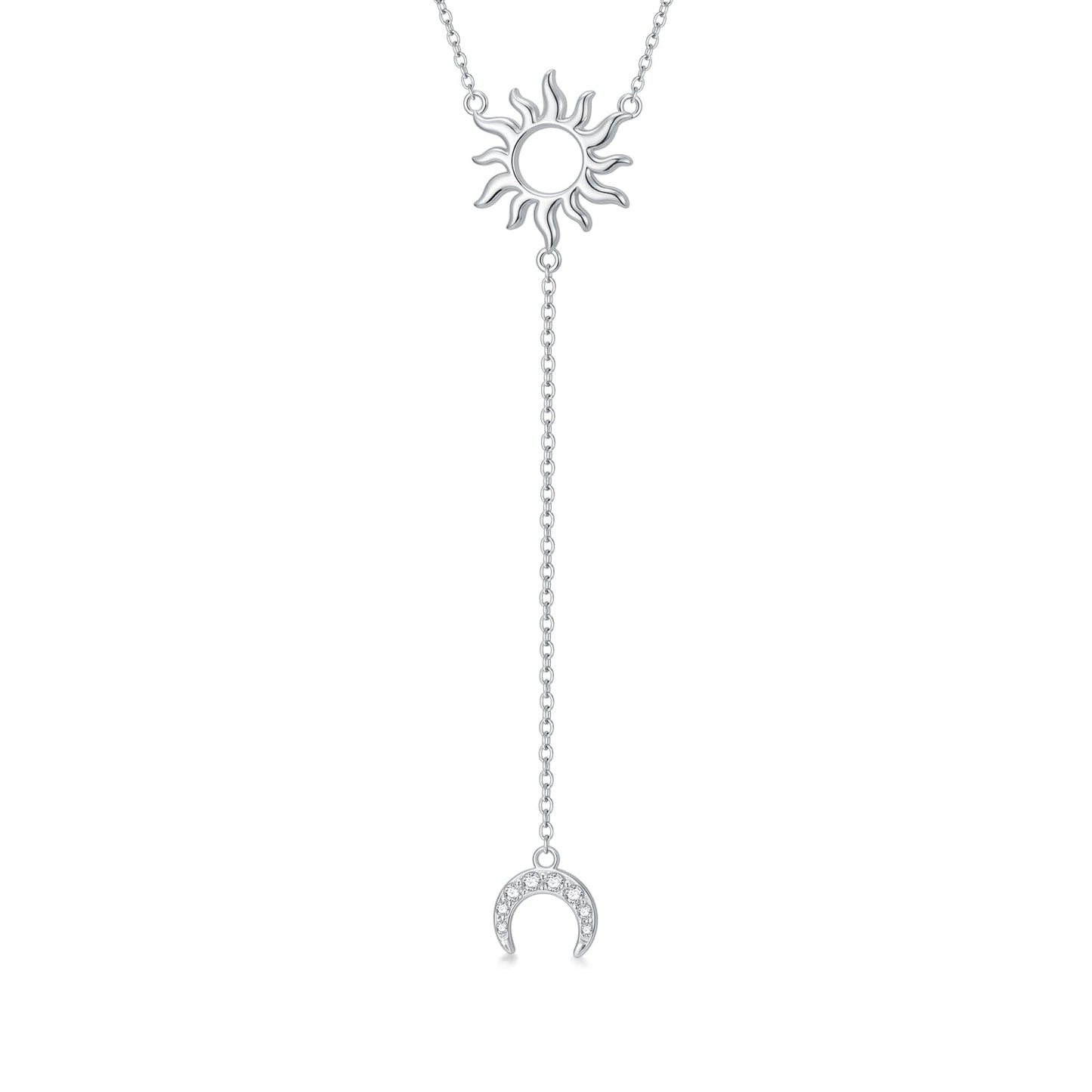 Diamond Sun Moon Y Necklace for Women 925 Sterling Silver Lariat Long Necklaces with Lab Grown Diamond Jewelry Gift for Birthday
