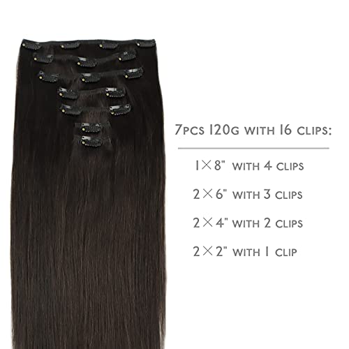 WENNALIFE Clip in Human Hair Extensions, 22 Inch 120g 7pcs Dark Brown Hair Extensions Clip In Human Hair Remy Clip in Hair Extensions Real Human Hair Double Weft