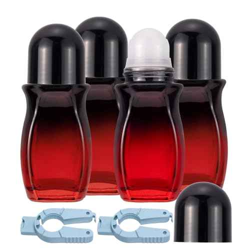 Ellbest 4Pcs Rollerball Bottles Set 50ml Gradient Red Glass Deodorant Roller Bottle with Plastic Roller Ball and 2Pcs Opener Perfume Roll On Bottles Deodorant Containers for Essential Oils (Black Lid)