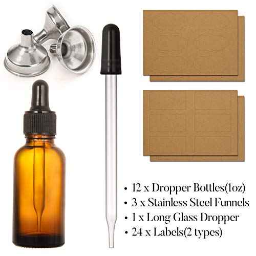 12 pcs, 1 oz Amber Dropper Bottles w/ 3 Stainless Steel Funnels & 1 Long Glass Dropper - 30ml Glass Bottles with Eye Droppers, Leakproof Essential Oils Bottle for Health, Personal Care & Beauty