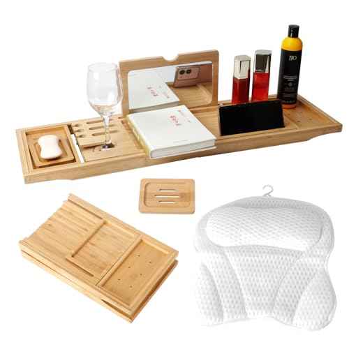 Bathtub Tray Table with Mirror and Bath Pillow, Expandable and Foldable Bamboo Bath Tray for Tub Soft and 4D Mesh Bathtub Pillow Luxury Bath Accessories Spa Gifts