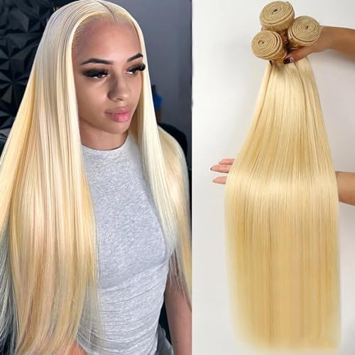 613 Blonde 3 Bundles Human Hair Straight 613 Human Hair 3 Bundles Double Weft 613 Blonde100% 12A Unprocessed Virgin 14 14 14 inch11oz/Pak