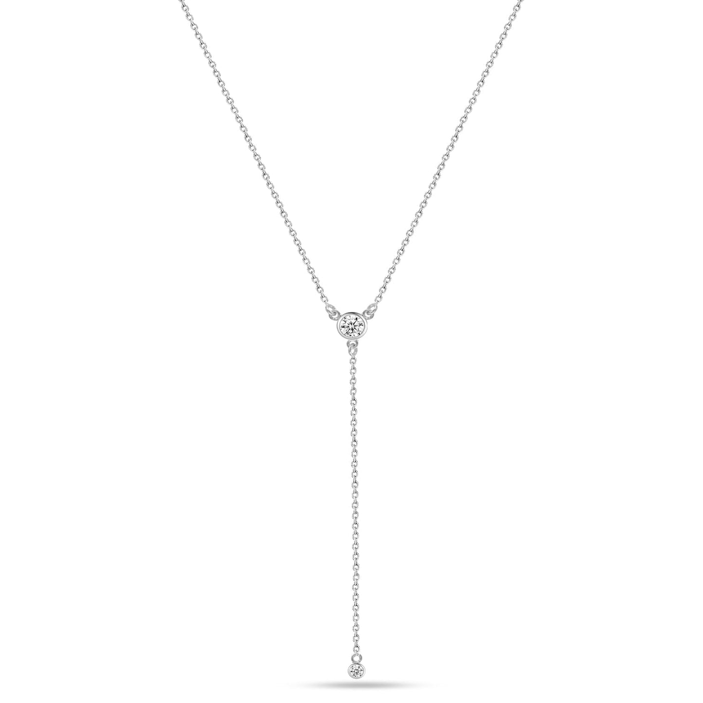 LeCalla 925 Sterling Silver Dainty Drop Adjustable Double CZ Lariat Necklace for Women Simple CZ Y Necklace Jewelry Cable Chain Necklace with Lobster Claw Clasp 18 Inches