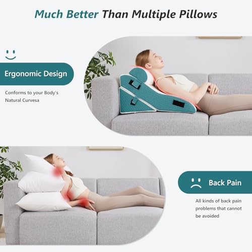 Bed Wedge Pillow Set for Sleeping 3 PCS - 16.5" Wide Triangle Pillow for Back Leg Pain Relief with Washable Cover - 35D Foam Wedge Pillow Post Surgery for Acid Reflux & Snoring (White Blue)