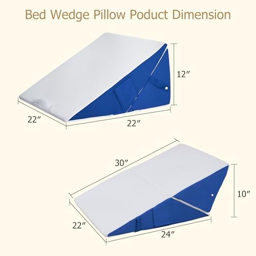 Wedge Pillow for Sleeping, 7-in-1 Adjustable Bed Wedge Pillow for Back/Leg Support, 10" & 12" Triangle Pillow Wedge Elevated Pillows for Sleeping with Handle and Washable Cover, Blue & White