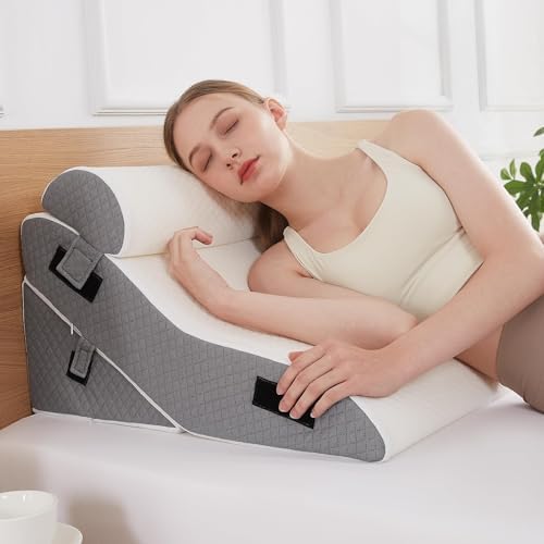 Bed Wedge Pillow Set for Sleeping 3 PCS - 22.5" Wide Triangle Pillow for Back Leg Pain Relief with Washable Cover - 35D Foam Wedge Pillow Post Surgery for Acid Reflux & Snoring (White Grey)