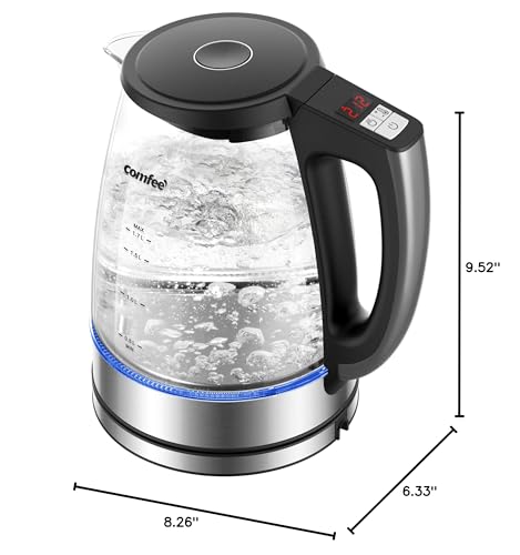 COMFEE' 1.7L Glass Tea Kettle and Kettle Water Boiler - Electric Kettle Temperature Control with 6 Presets, 2-Hr Keep Warm, Fast Heating, 304 Stainless Steel, Auto-Off and Boil-Dry Protection