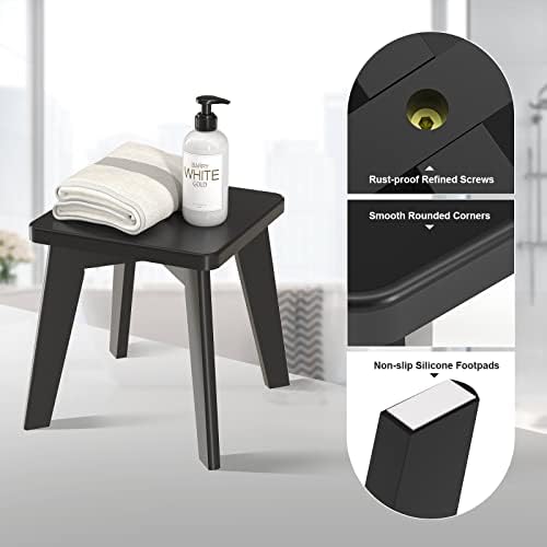 Shower Stool for Shaving Legs Kids Adults Small Bench for Bathroom Sink Bedroom Bamboo Wooden Stool for Inside Shower Black 10 inch