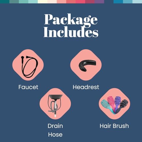Dompel Bundle Portable Shampoo Bowl with Headrest and Set of 4 Hair Brushes, Portable Wash Bowl for Hairstylist and Handicap & Disabled, Seniors, Home Services, Chrome Steel Structure, 22 L