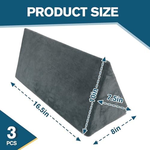 16.5 x 10 x 8 Inches Grey Wedge Pillow Set for Post-Surgery Support & Leg Elevation 3 Piece Orthopedic Bed Pillows for Reading Sleeping Posture Comfort Washable Cover with Non-Slip Base