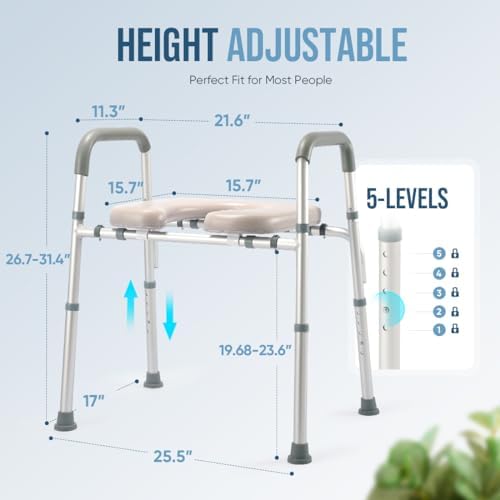 OasisSpace Raised Toilet Seat with handles-400lbs Heavy Duty Commode Chair with Safety Frame, Adjustable Stand Alone Elongated risers with arms for Elderly, Handicap, Disabled