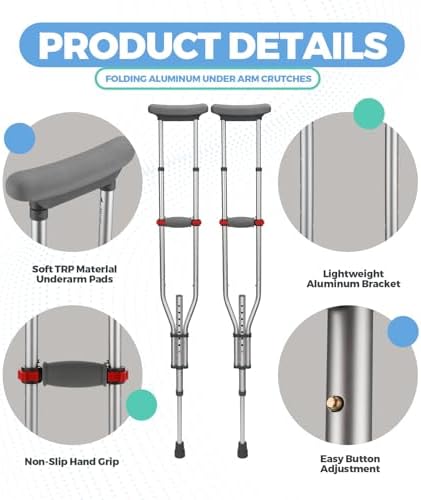 Geiserailie 1 Pair Aluminum Underarm Crutches Lightweight Crutches with Height Adjustment up to 300 Lbs Walking Aid for Adults Elder Range 4'6”– 6'6” with Underarm Pad and Hand Grip