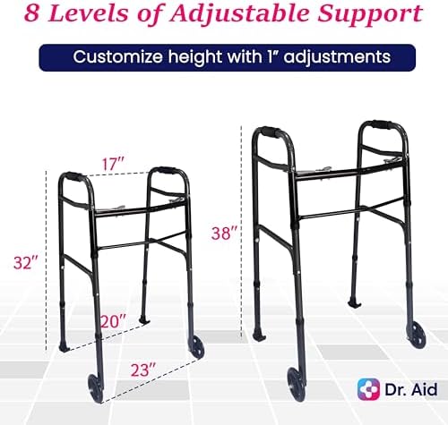 Dr. Aid Premium 2 Button Folding Walker with Wheels, Rolling Front Wheel Walker, Lightweight Walkers for Seniors, Extra Light & Durable Carbon Fiber Aluminum Frame, Adjustable Height, Carbon Black