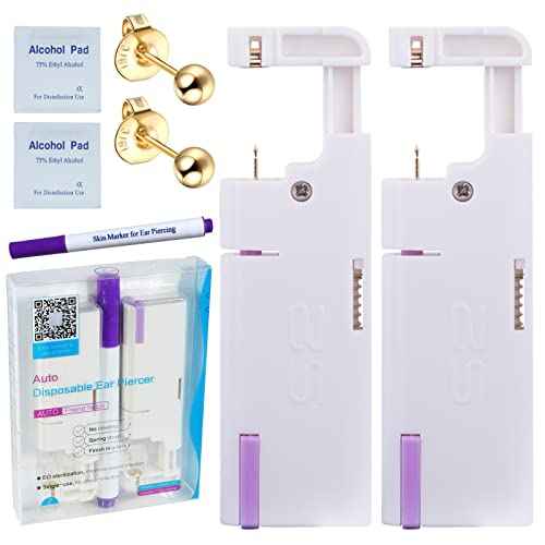 2PCS Disposable Ear Piercing Kit Ear Piercing Gun Self Use Ear Piercings Kit Cartilage Piercing Gun with Hypoallergenic Earrings(3mm Ball,24kt Gold)