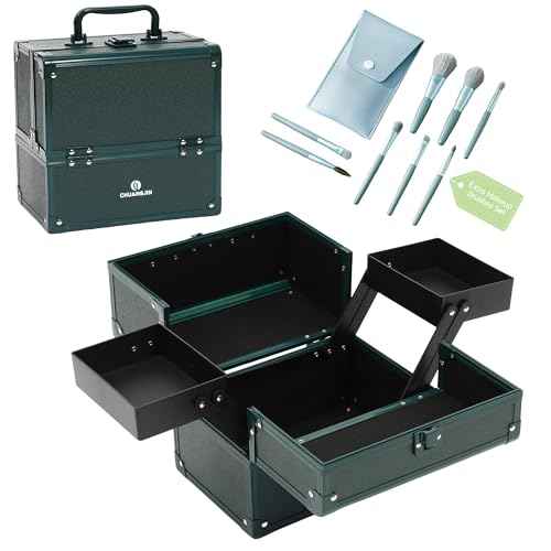 Makeup Train Case 2 Trays Makeup Box Organizer Portable Travel Makeup Case Lockable Makeup Storage Organizer Cosmetic Box for Jewelry Nail Tech Brushes Accessories Tool,Green Pro
